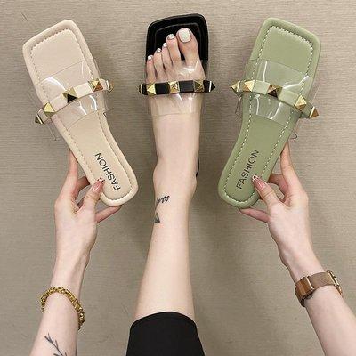 China New summer trend female all-match fashion transparent nail flat with soft bottom flip flops wear 43 large size for sale