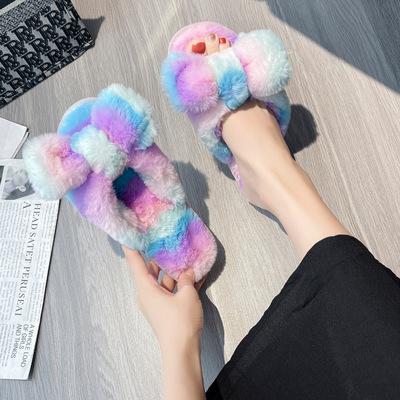 China Autumn and winter fashion plush cotton slippers women's fashion trend colorful bow large size slippers home indoor shoes for women for sale