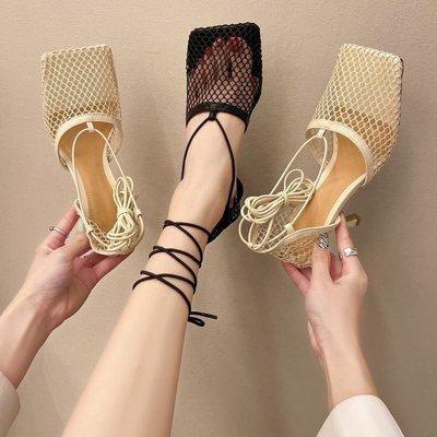 China Quick-drying 2021 summer fashion green brand womeen square toe sexy hollow ankle high heel sandals lace-up mesh women dress shoes for sale