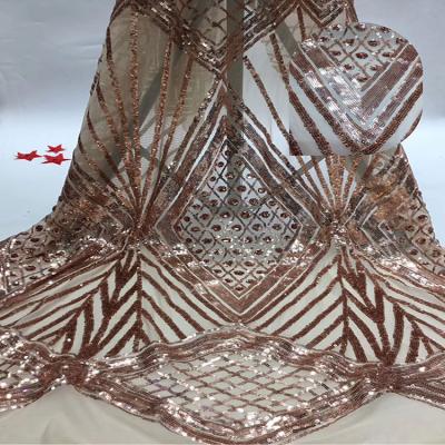 China ex-factory price viable 5 yards gold sequins african lace fabric geometric design for sale