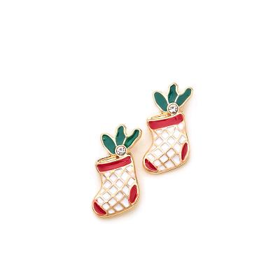 China FASHIONABLE delicate goldtone enamel sock shaped stud earrings with rhinestone christmas earrings for sale