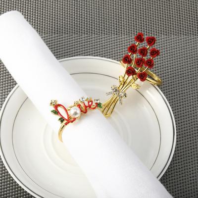 China Valentine's Day Alloy Rose Napkin Rings Metal Diamond Viable Napkin Ring Table Decors For Wedding for sale