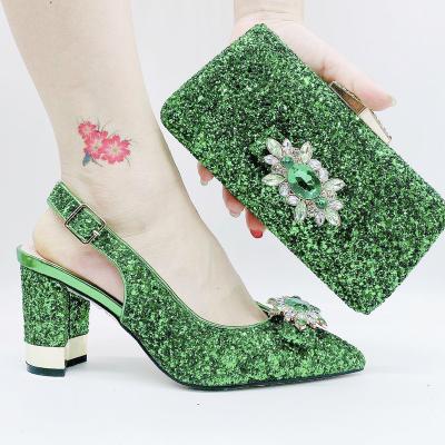 China Anti-Smell Glitter Lemon Bright Green African European Party Dress Match Heels High Heeled Shoes And Bag Set Women Pumps In Match Purse for sale