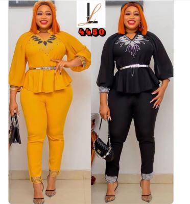 China New Clothing H and D New Style European African Women Plus Size African Mesh Sequined Top Straight Trousers Two Piece Suits for sale