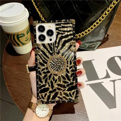 China Shockproof Luxury Square Metal Diamond Ring Feather Leopard Feather Shockproof Case For iphone 13 pro 12 11Pro Max Xs xr 7 8plus X Se Cover for sale