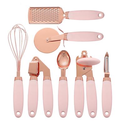 China 2022 High Quality Viable Rose Gold Kitchen Gadget Silicone Handle Set 7 Piece Utensils Set for sale