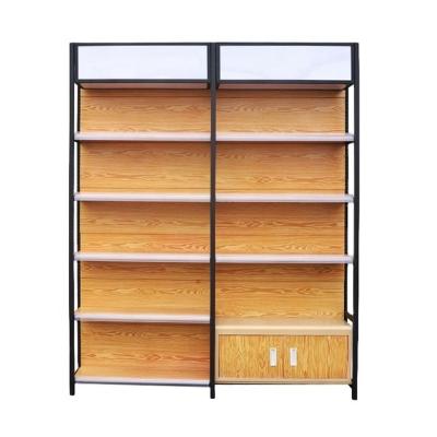 China Double-Sided Professional Shop Convenient Retail Rack Food Production Factory Supermarket Wooden Shelves for sale