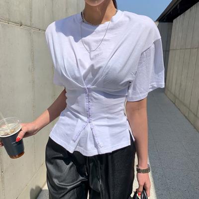 China 2021 Fashion Anti-Wrinkle Fashion Breasted Waist Slim Fit Ladies Solid White Tops Loose O Neck Women Summer T-shirt Casual Short Sleeve for sale