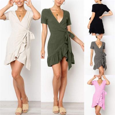 China Woman Anti Static Irregularity Short Sleeve Dresses With Ruffles Short for sale