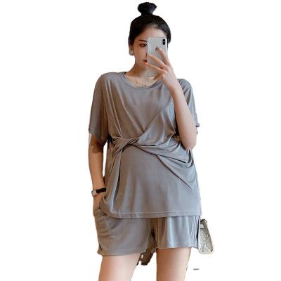 China 2pcs/set Solid Color Short Sleeve Pregnant Loose Antibacterial Set Pregnant Women Summer Ice Silk Dress Top Shorts for sale