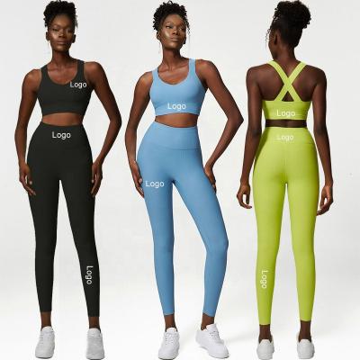 China New Arrival Breathable Women Gym Suit Heavy Support Train Sports Bra Yoga Sets Workout Ribbed Fabric Yoga Leggings Bra Sets for sale