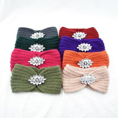 China Women Friendly Material Faux Stone Knitted Headbands Women Winter Warm Crochet Head Wrap Wide Elastic Hair Bands Hair Band Accessories for sale