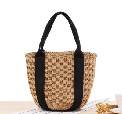 China Fashion Summer Straw Paper Bag Black Ribbon Bucket Beach Bag For Women for sale