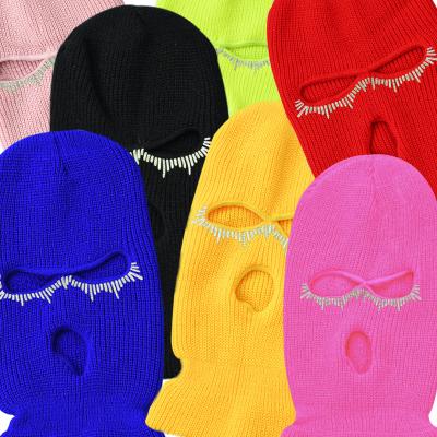 China OEM COMMON Winter Embroidery Balaclava Ski Logo Designers Logo Face Mask Bling Rhinestone Cozy Beanie Hat 2 Hole for sale