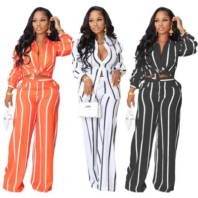 China QUICK DRY BNL338-Hot selling designer women's suit striped long sleeve cardigan top+wide leg striped trousers for sale