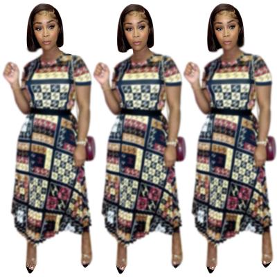 China QUICK DRY BNJ2506-Women's hot selling designer summer new fashion temperament printing short sleeve+long skirt women's two-piece set for sale