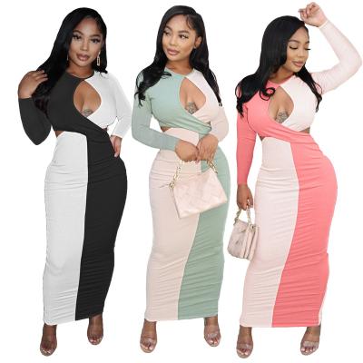 China Breathable BNQ22Y8190-Hot selling women's autumn and winter color matching threaded hollow waist sexy long dress for women (including belt) for sale