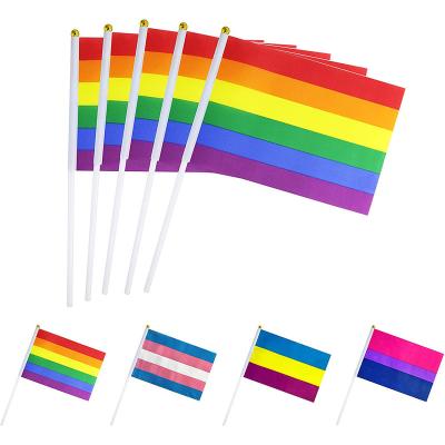 China Popular Polyester Suppliers Wholesale 100% Hand Held Polyester 14X21cm 20X30cm Rainbow Stick LGBT Pride Flags Gay for sale