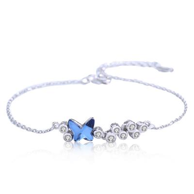 China 925 Sterling Silver Butterfly Blue Crystal Charm Bracelet Luxury Environmentally Friendly Zircon Thin Chain Bracelets For Women for sale