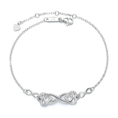 China New Sterling Silver Initial 8 Double Heart Cross Bracelet Trendy Environmentally Friendly Zircon Heart Charm Bracelet For Girl for sale