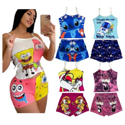 China 2022 New Arrival Summer Cartoon QUICK DRY Pajamas Two Piece Short Set Strap Top And Shorts 2 Piece Set Sleepwear For Women for sale