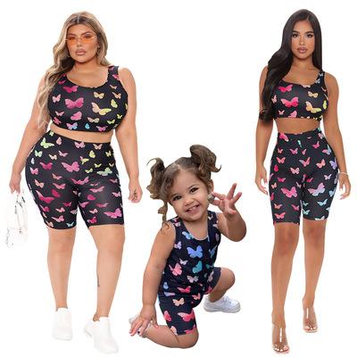 China 2021 QUICK DRY new mommy and me clothes butterfly printing mommy and me outfits two piece mom and kids sets for sale