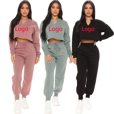 China 2021 fashion ladies color V-neck crop top and drawstring sheer sports tracksuit set autumn women's casual wear lounge two-piece set for sale