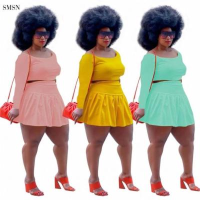 China Autumn Solid Color Plus Size Skirt Two Piece Set AMELIE New Trendy Anti-static Crop Top Women's Set Long Sleeve for sale