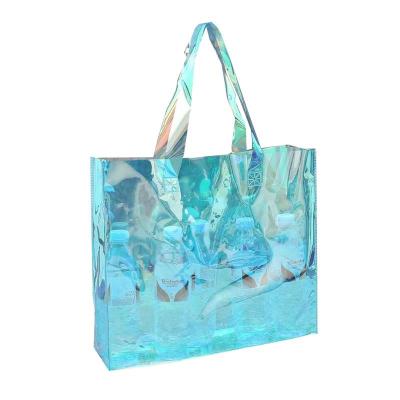 China Fashion Folding PVC Tote Bag Rainbow Blue Transparent Shopping Bag for sale