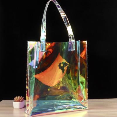 China Folding No Decoration PVC Scratching Patent Hologram Material PVC Bag Gold Color Plain Tote Shopping Bag for sale