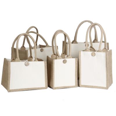 China Natural Canvas Jute Tote Bag With Thick Handle Cotton Jute Button Closure Folding White Shopping Bag for sale