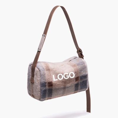 China Fashion Custom Logo Plush Plaid Morandi Color Bag Large Capacity Casual Geometric Cross Shoulder Bag - Body Bag for sale