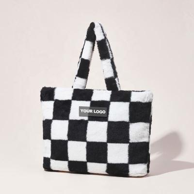 China Fashion Factory Direct Sale Custom Logo Large Capacity Black And Checkerboard Lady Shopping Lady Bags Plush Finger Bag White for sale