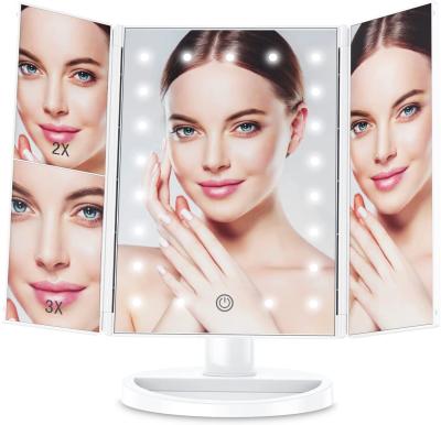 China Lighted Cosmetic Make Up Led Makeup Mirror With Lights USB Charging 22 Light Makeup Foldable Magnifying Mirrors for sale