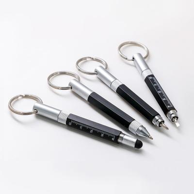 China Multifunctional Pen Hook Screwdriver Ruler Metal Key Chain Ballpoint Pen Promotional Multifunctional Mini Pen Tool for sale