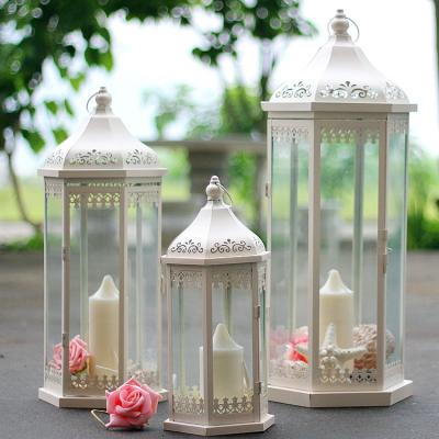 China Minimalist European-style hexagonal pavilion form white metal lantern candle holder for sale