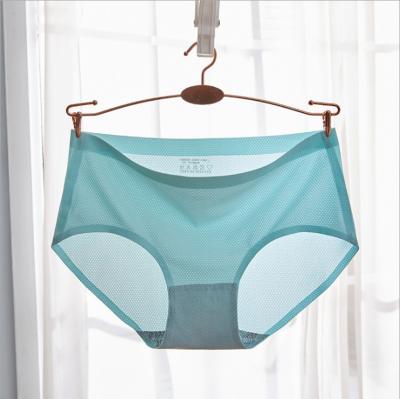 China Viable Ice Silk Mesh Fabric Breathable Underwear Women Laser Cut Solid Mid Rise Ladies Panties Invisible Panties for sale