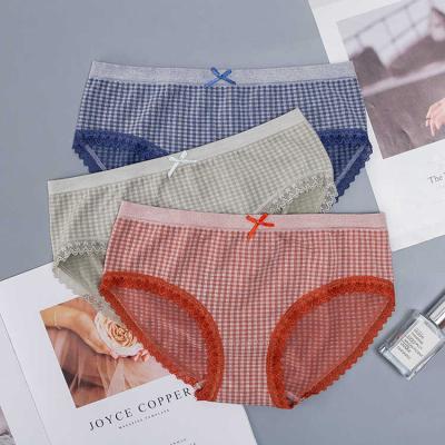 China Breathable Cute Sexy Organic Mid Waist Lace Bow Plaid Cotton Ladies Briefs for sale