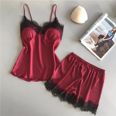 China QUICK DRY Women's Lace Pajamas Summer Sexy Ice Silk Sleepwear Two Piece Set With Cami Ladies Shorts Lingerie Nightwear For Breast Pad for sale