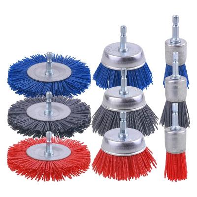 China High Performance Long Life 9 Pack Nylon Filament Wire Brush Wheel & Cup Abrasive Play Brush with 1/4 Inch Hex Shank, for Rust/Corrosion/Paint Removal for sale