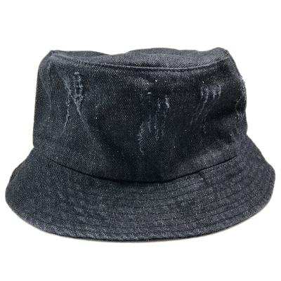 China Comfortable OEM Custom High Quality Plain Black White Distressed Denim Bucket Hat With String for sale