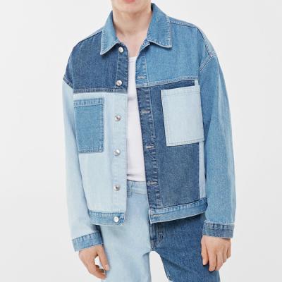 China 100% Sustainable Cotton Denim Jackets For Men Fashionable Color Block Button Up Denim Jackets for sale