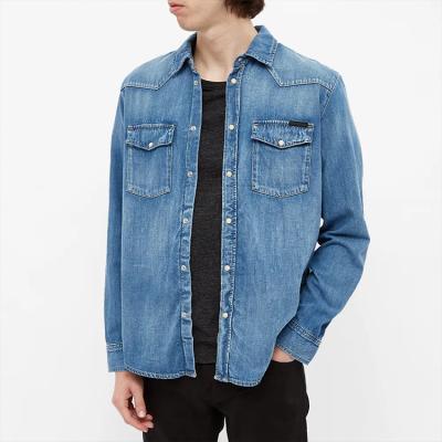 China Custom 100 cotton men's denim shirts anti-pilling denim fabric long sleeve press stud closure for sale