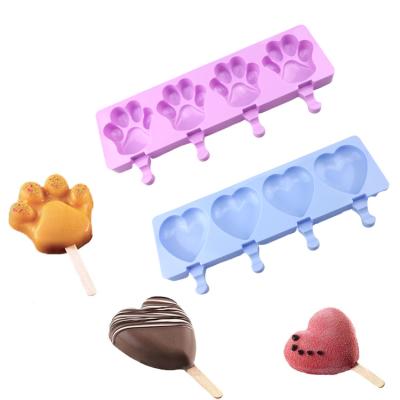 China Viable 4 Cavity BPA Free Paw/Heart Silicone Popsicle Molds With 50 Pcs Wooden Stick Ice Cream Mold for sale