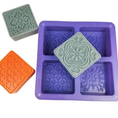 China 4 Cavities Silicone Soap Sustainable Square Flower Soap Mold Handmade Soap Mold for sale