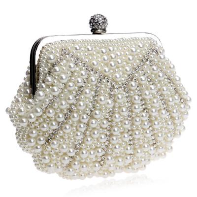 China Lady Shell Evening Bag Pearl Beaded Clutch Purse Luxury Rhinestone Wedding Party Bags Cross Body Bag for sale