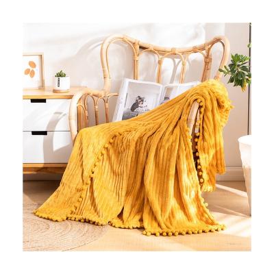 China 2022 Polyester Custom Breathable Blanket Tassel Ball 280g Striped Blanket for sale