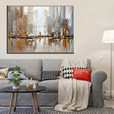 China Modern Professional Artist Handmade Oil Painting On Canvas City Knife Landscape For Decor Gold Building Street Landscape Painting Art for sale