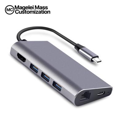 China New Products Aluminum Alloy 8 in 1 out 3.1 USB C C Hub to HDMI 3*USB 3.0 RJ45 Gigabit Ethernet SD/TF Card Reader for sale