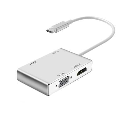 China High Speed ​​Sliver Color 4 in 1 USB 3.1 Type C Hub to HDMI 4K DVI VGA USB Adapter Converter for MacBook Air Monitor and Projector Type C Hub 4 in 1 for sale